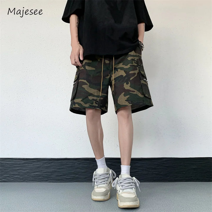 Camouflage Cargo Shorts Men Retro Pocket-design American Style Basic Baggy Simple All-match Fashion High Street Trousers Males