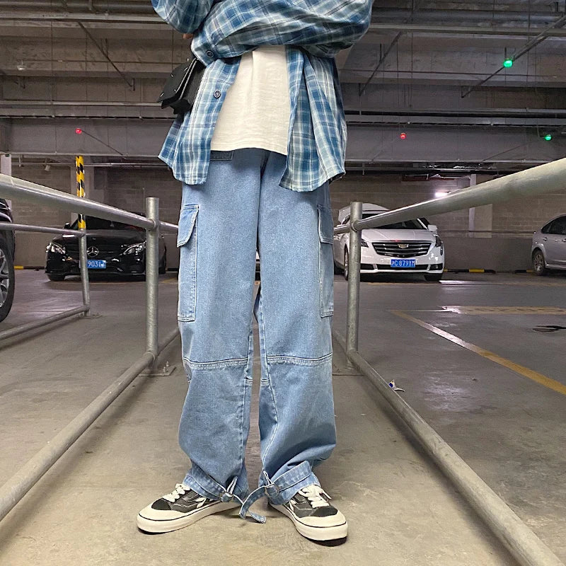 Cargo jeans Men Wide Leg Denim pants  2024 Autumn Loose Straight Baggy Men's Jeans hip hop Streetwear Skateboard Neutral denim