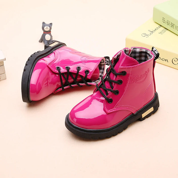 Winter PU Leather Boots – Kids' Waterproof Plush Shoes