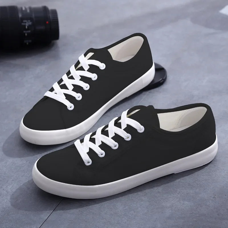 Unisex White Canvas Lace-Up Vulcanized Shoes