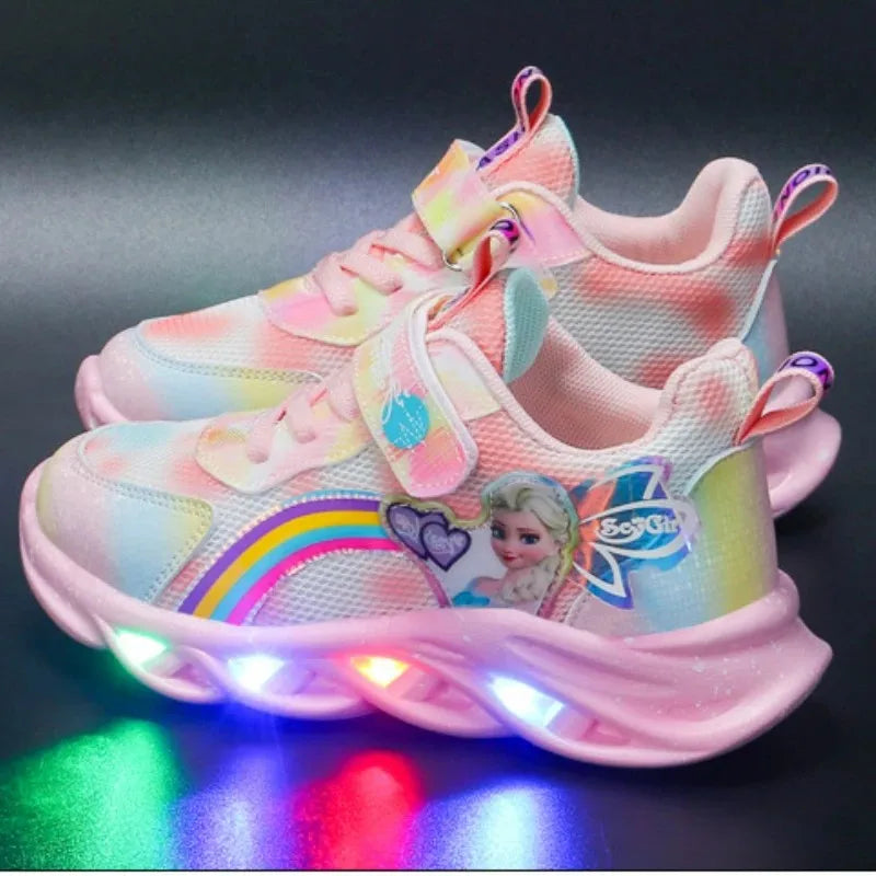 Disney Girls' Casual Shoes Led Lights Mesh Breathable Children's Sports  Princess Elsa Pink Purple Shoes Sneakers Size 22-35