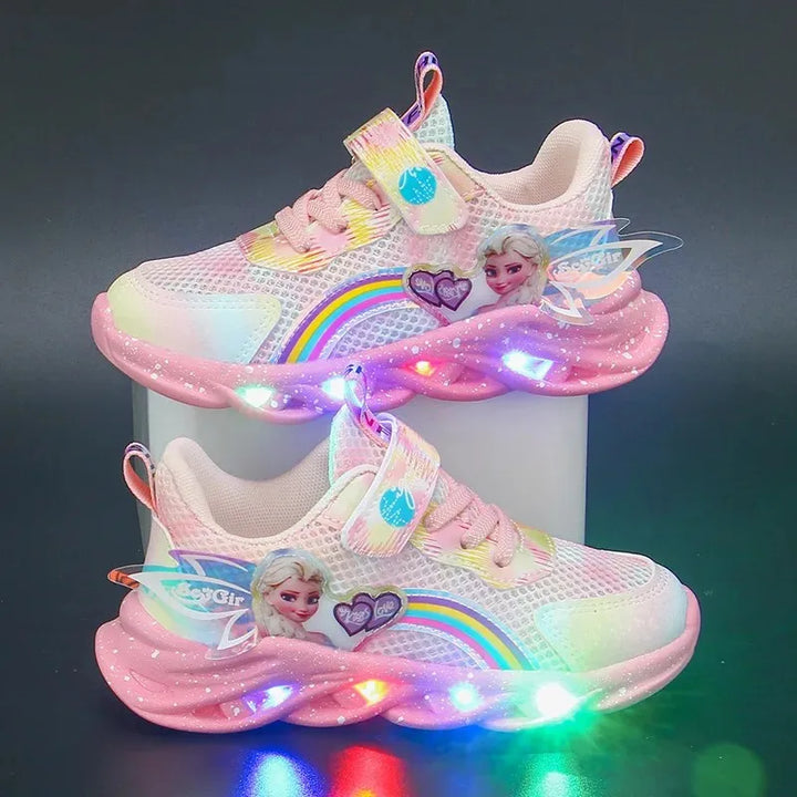 Disney Girls' Casual Shoes Led Lights Mesh Breathable Children's Sports  Princess Elsa Pink Purple Shoes Sneakers Size 22-35