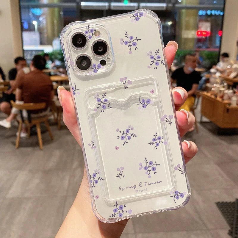 Korean Cute Flower Clear Phone Case For iPhone 16 15 14 13 12 11 Pro Max XS X 7 8 Plus SE2 Wallet Card Bag Lens Protection Cover