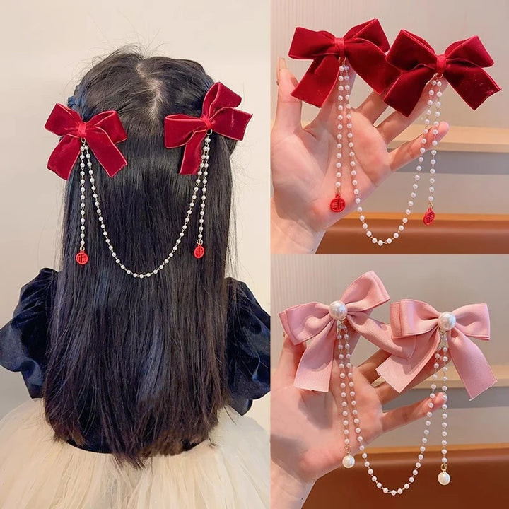 Pearl Bow Tassel Velvet Hair Claw - Elegant Princess Hairpin