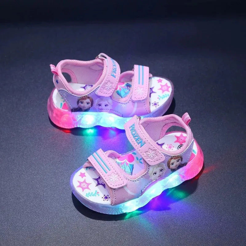 Disney Boys Girls Frozen Elsa Princess Led Light Up Luminous Sports Sandals Summer Kids Sandals Non-slip Toddler Shoes