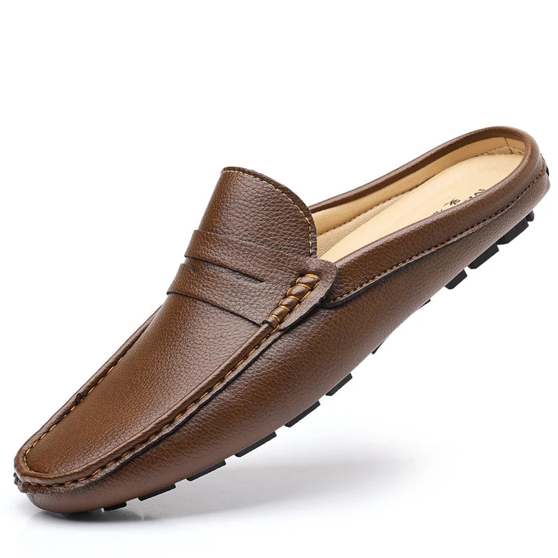 YRZL Loafers Summer Slip on Half Shoes for Men Leather Slippers Casual Breathable Comfy Loafers Moccasins Brown Black Beige