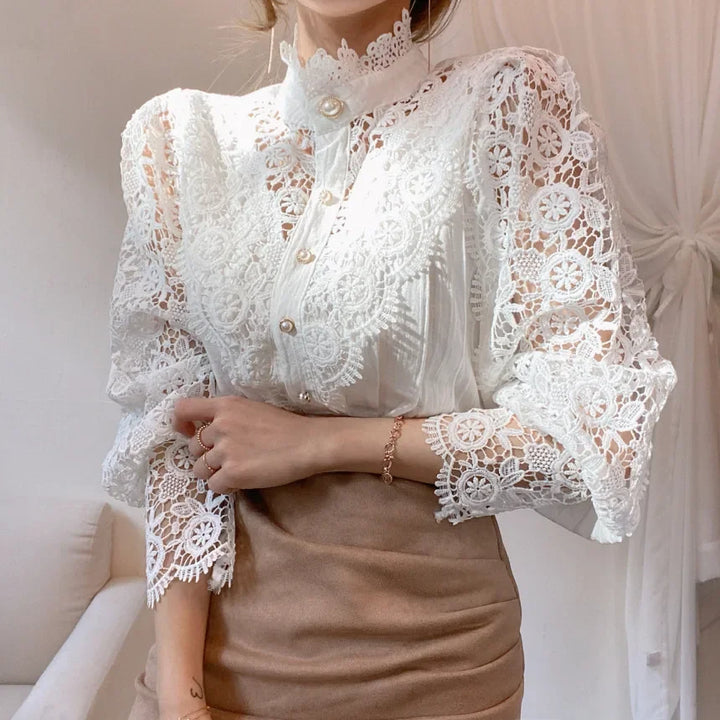 Hollow Out Lace Long Sleeve Blouse