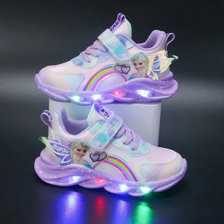 Disney Girls' Casual Shoes Led Lights Mesh Breathable Children's Sports  Princess Elsa Pink Purple Shoes Sneakers Size 22-35