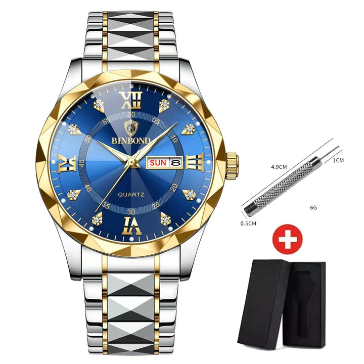 BINBOND Top Brand Luxury Fashion Quartz Watch Men Waterproof Week Date Clock Stainless Steel Sport Watch Men Quartz Wristwatch