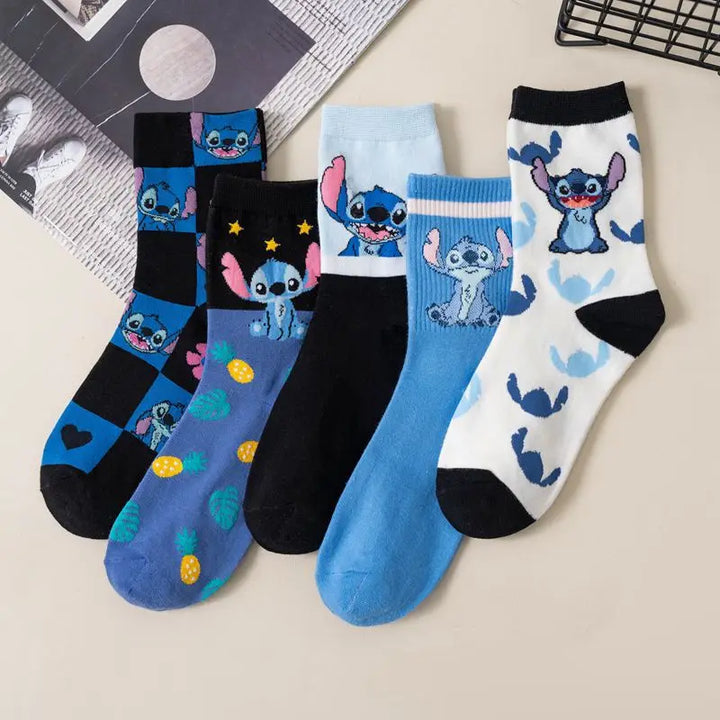 New Disney Anime Cartoon Kawaii Stitch Pure Cotton Socks Medium Length Socks Combed Cotton Birthday Gift for Girls Friends Boys