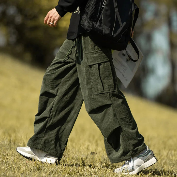 New Fashion Corduroy Drawstring Casual Overalls Men Big Size Loose Baggy Cargo Pants Streetwear Straight Trousers Clothing