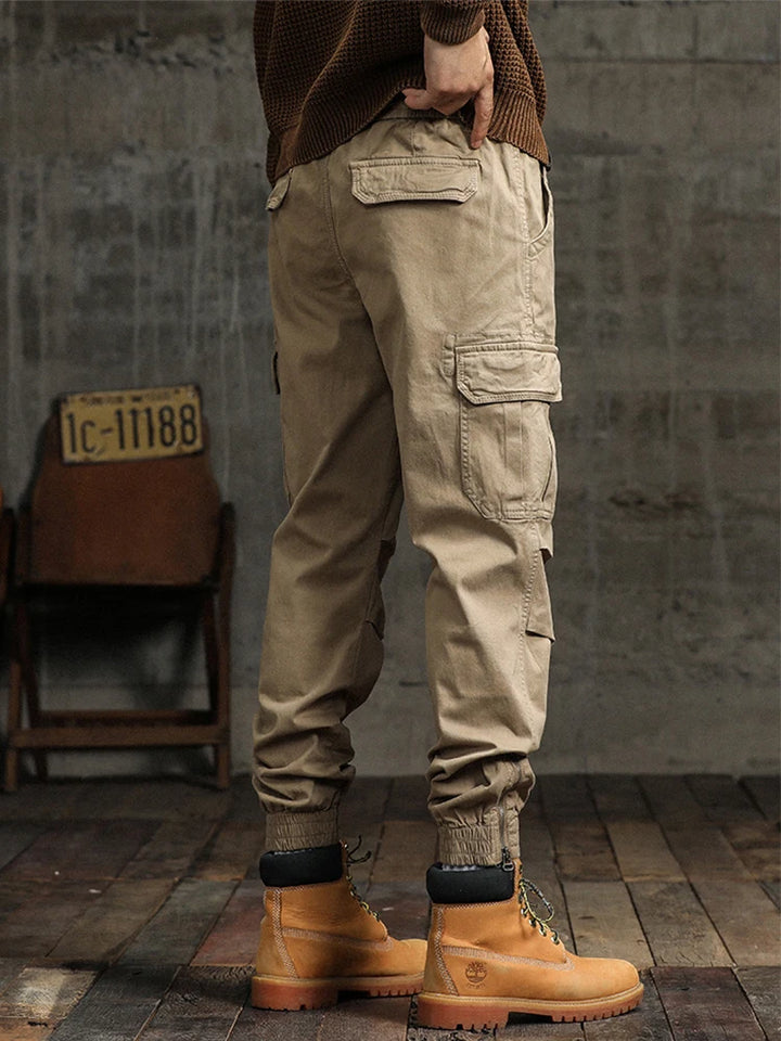 Men's Cargo Pants 2023 Autumn New Multi-Pockets Banded Waist Heavy Cotton Work Wear Slim Fit Joggers Military Casual Trousers