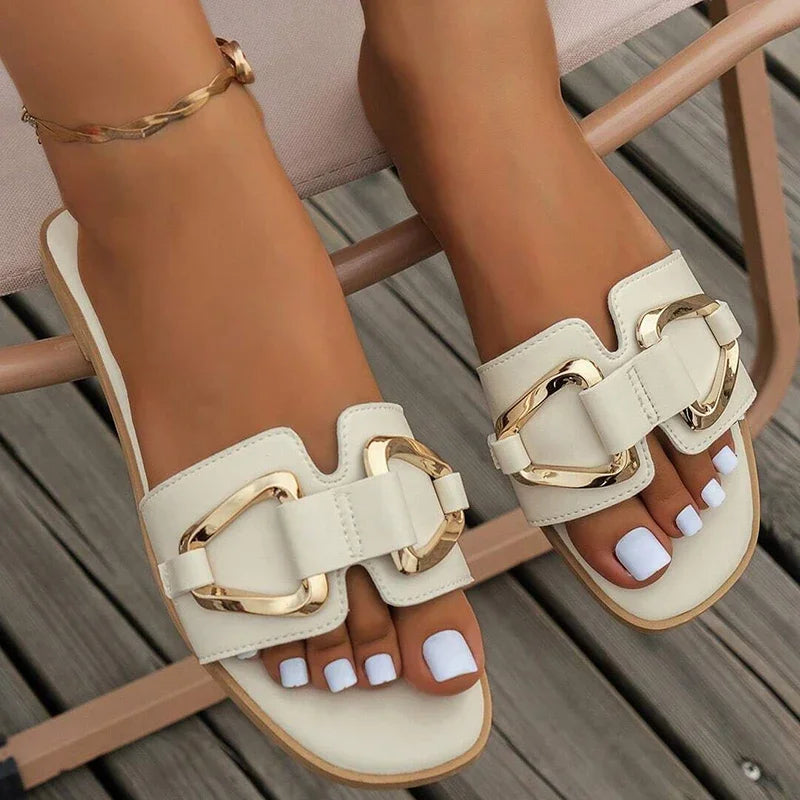 Women Metal Decor Single Band Flat Sandals Fashion Sexy Open Toe Outdoors Slides Luxurious Office Ladies Party Female Shoes