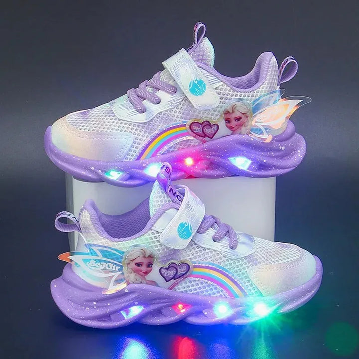 Disney Girls' Casual Shoes Led Lights Mesh Breathable Children's Sports  Princess Elsa Pink Purple Shoes Sneakers Size 22-35