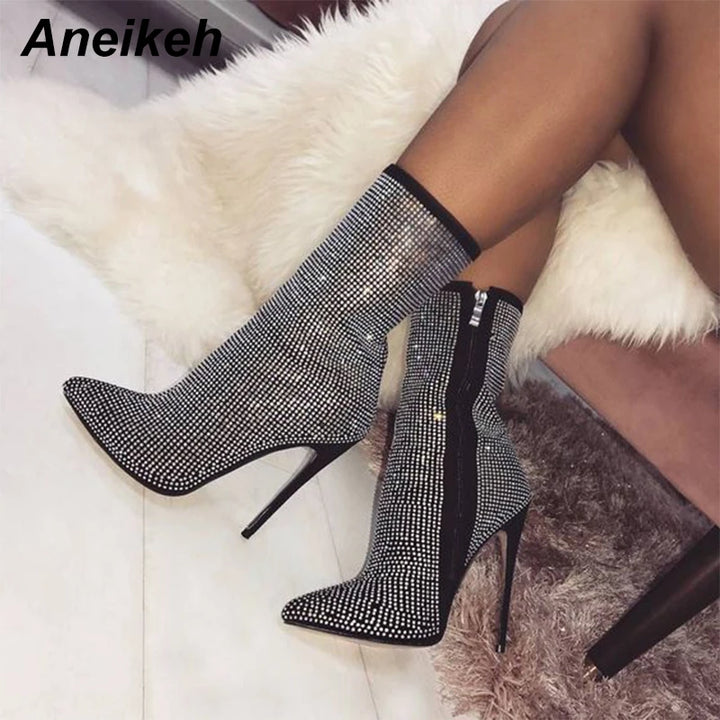 Aneikeh Crystal Rhinestone Ankle Boots – High Heels