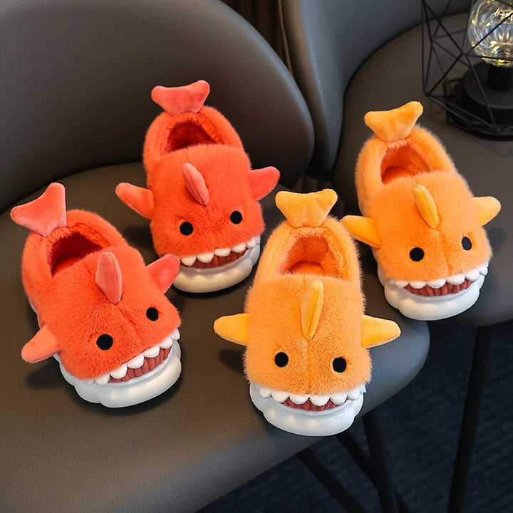 Winter Heel Wrap Cotton Slippers Children's Cute Cartoon Shark Non-slip Soft Sole Kids Boys Girls Junior Warm Plush Home Shoes