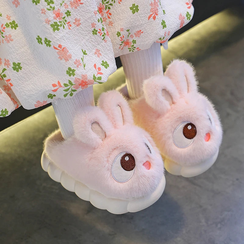 New Winter Cute Big eyed Rabbit Children's Waterproof Warm Non-slip Fluffy Slippers For Girls Boys Kids Indoor Home Cotton Shoes