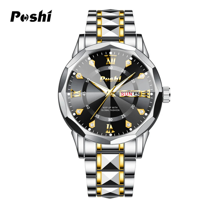 POSHI Men's Watch Date Week Fashion Watch Men Original Waterproof Non-mechanical Luminous Dual Calendar Quartz Wristwatch