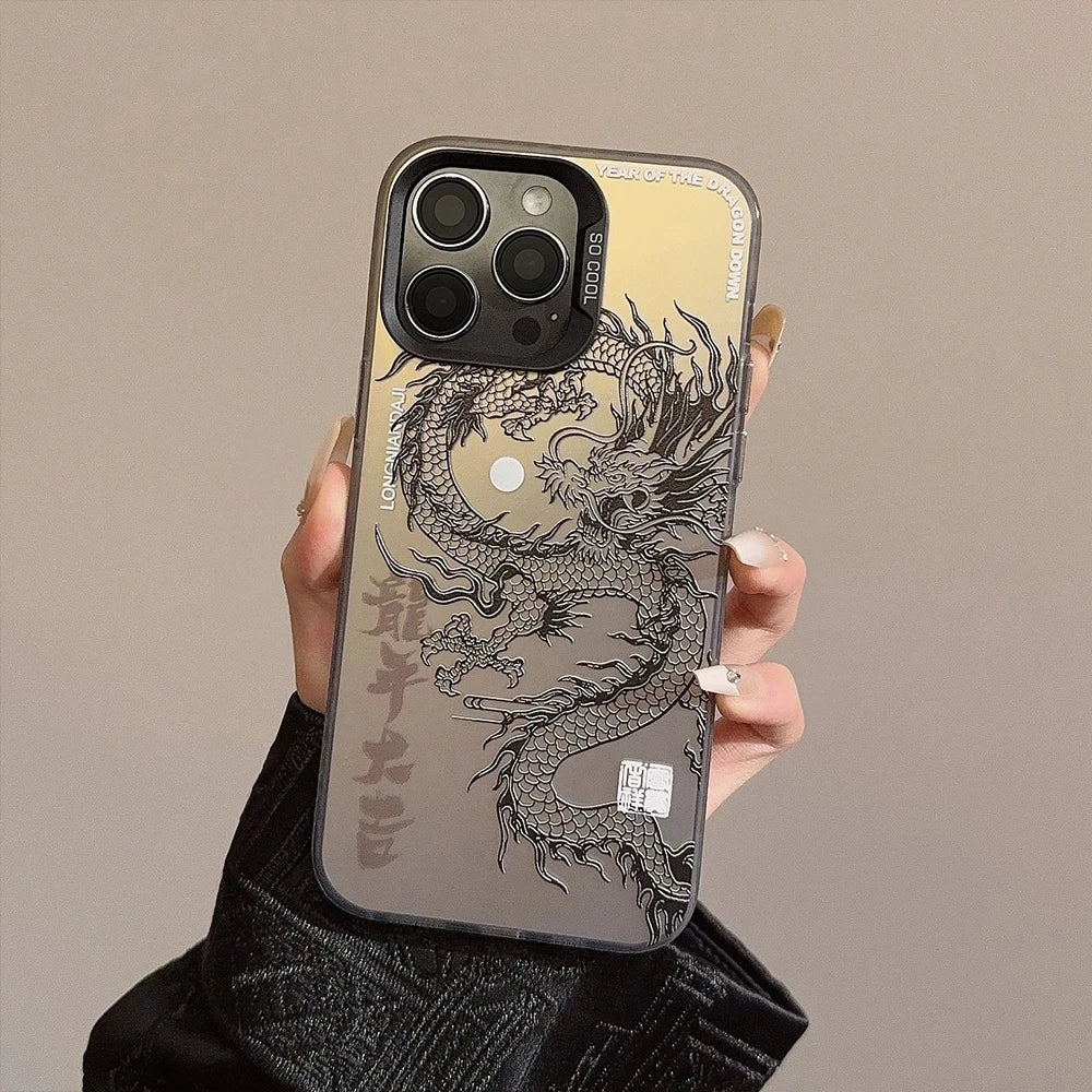 Luxury Dragon Totem Anti-drop Armour Phone Case For iPhone 15 14 Pro Max 13 12 11 Pro XR XS 7 8 Plus Lens protect plating Cover