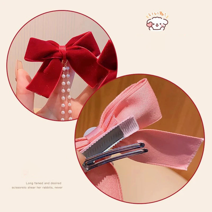 Pearl Bow Tassel Velvet Hair Claw - Elegant Princess Hairpin