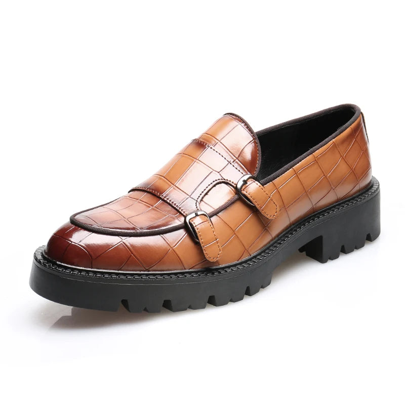 Fashion Men's Casual Leather Shoes Men Classic British Style Monk Loafers Mens Slip-on Thick Sole Heightened Shoe Patchwork