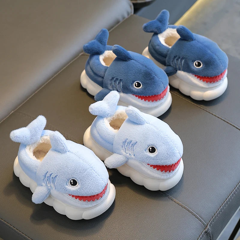 New Winter Wrap Heels Cute Cartoon Shark Cotton Slippers Children's Non-slip Soft For Kids Girls Boys Baby Warm Plush Home Shoes