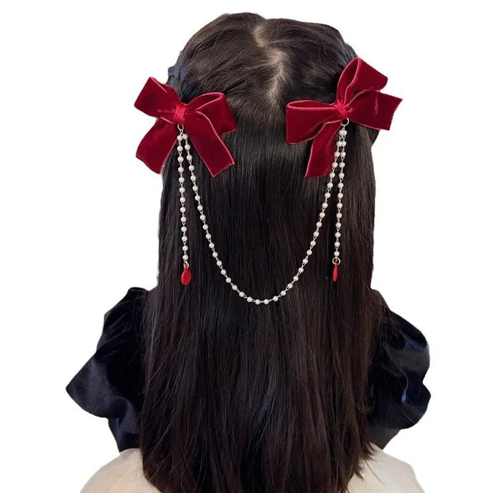 Pearl Bow Tassel Velvet Hair Claw - Elegant Princess Hairpin