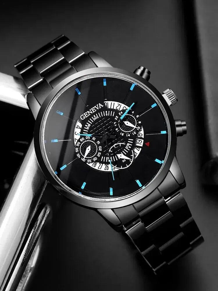 Men's Watch & Bracelet Set – Black Steel Band