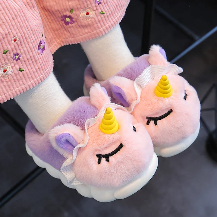 New Winter Kids Plush Slippers Cartoon Unicorn Children's Indoor Slides Non-Slip Soft Mule Girls Boys Warm House Cotton Shoes