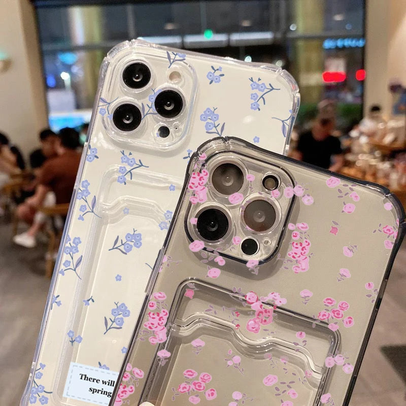 Korean Cute Flower Clear Phone Case For iPhone 16 15 14 13 12 11 Pro Max XS X 7 8 Plus SE2 Wallet Card Bag Lens Protection Cover