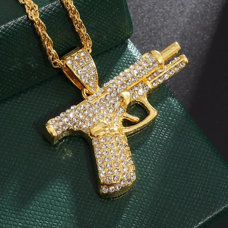 Bling Iced Out Pistol Pendant Submachine Gun Necklace Men Personality Hip Hop Rock Punk Cool Street Party Jewelry Gift