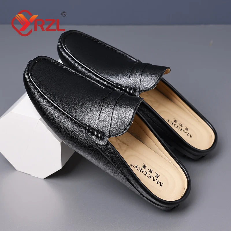 YRZL Loafers Summer Slip on Half Shoes for Men Leather Slippers Casual Breathable Comfy Loafers Moccasins Brown Black Beige