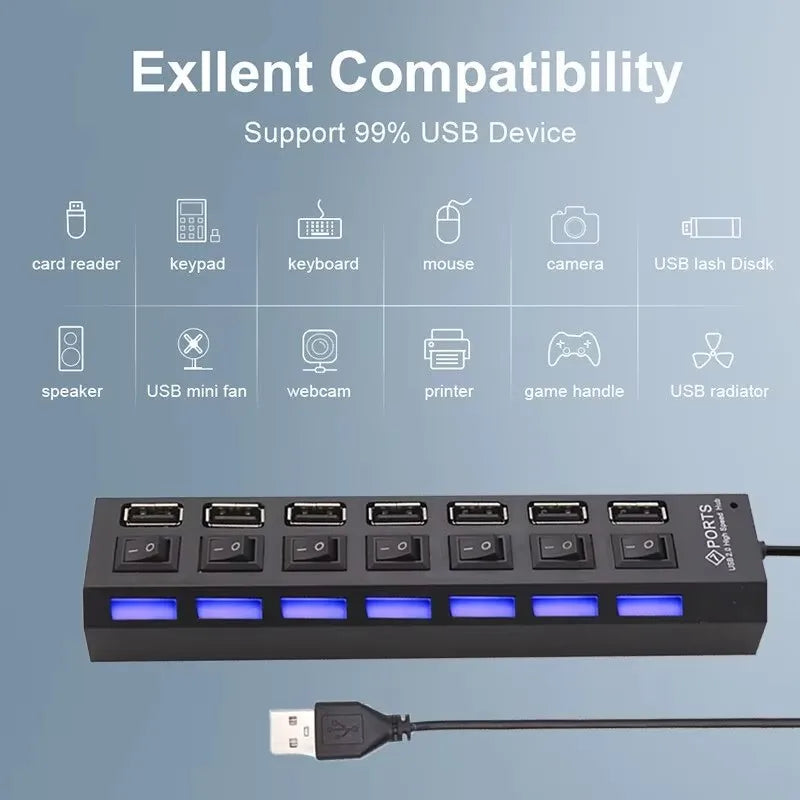 Switch Extension Hub 7-port USB2.0 Hub Computer USB Extension Hub One Drag Seven USB2.0 Splitter PC Laptop Desktop