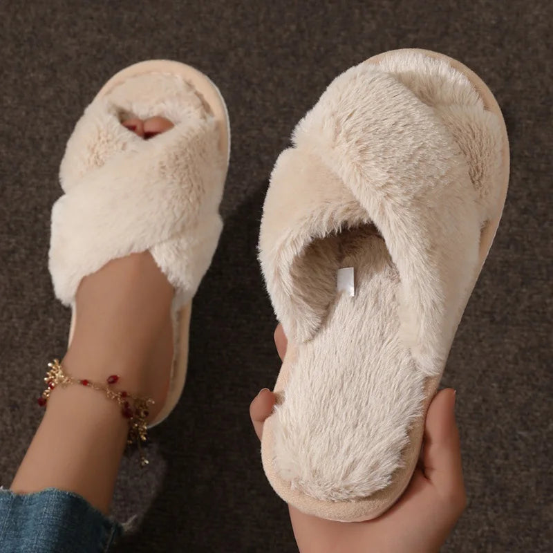 Fashion Leopard Print Fluffy Slippers Women Light Faux Fur Warm Home Slippers Woman Comfort Flat Heel Plush House Slides Shoes