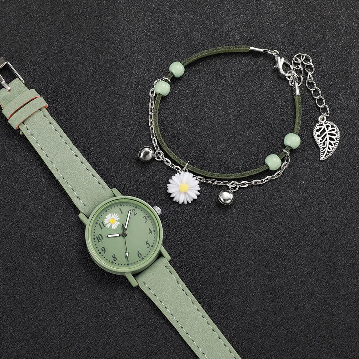 Fashion 2pcs/set Women's Daisy Dial Leather Watch&Green Flower Bracelet