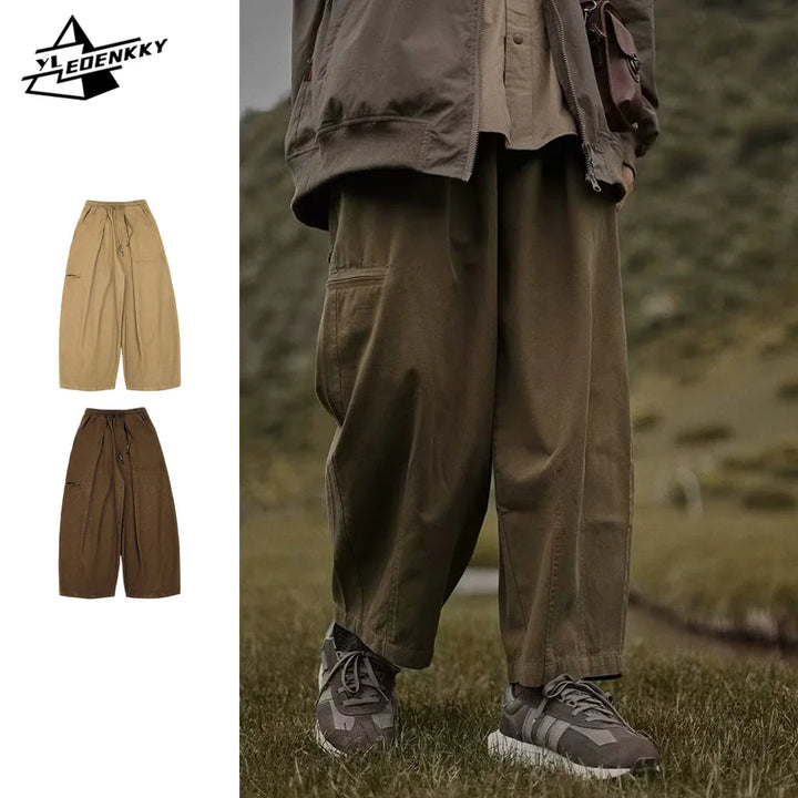 Japanese Casual Pants Men Women Retro Loose Wide-leg Cargo Trousers Harajuku Solid Color Straight Bloomers Spring Unisex Pants