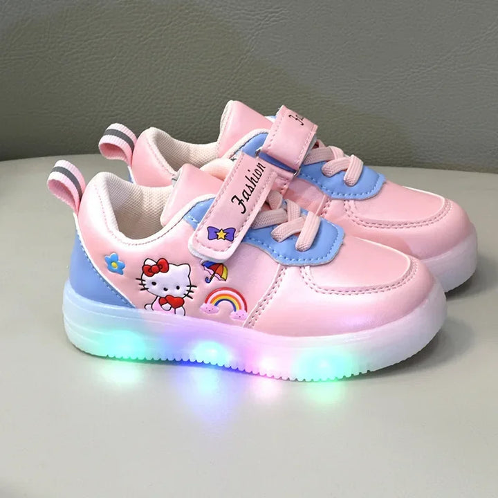 LED Kids Shoes for Girls Cute Cartoon Hello Kitty Shoes Baby Girl Kawaii Canvas Shoes Soft Bottom Sneakers Casual Shoes