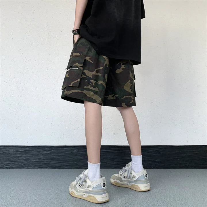 Camouflage Cargo Shorts Men Retro Pocket-design American Style Basic Baggy Simple All-match Fashion High Street Trousers Males