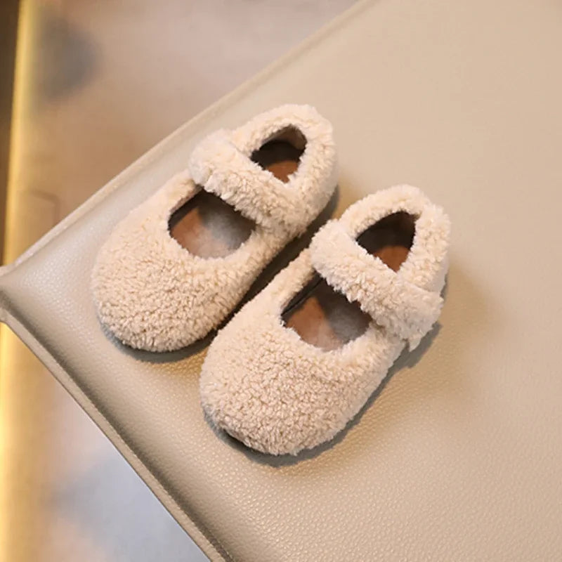 Winter New Children Flat Shoes Fur Cover Toe Light Warm Kids Casual Shoe 2024 Plush Warm Non-slip Leisure Comfy Boys Girls Shoe