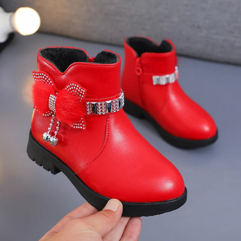 Children's Shoes Girl Mid Length Warm Leather Boots Baby Bow Cute Cotton Shoes Plush Winter New Student Two Cotton Boots Botines