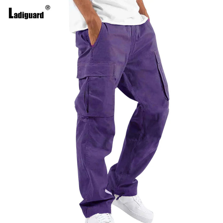 Plus Size 5xl Mens Multi-Pockets Trouser 2023 New Spring Fashion Cargo Pants Solid Purple Khaki Outdoor Casual Sweatpants Hommes