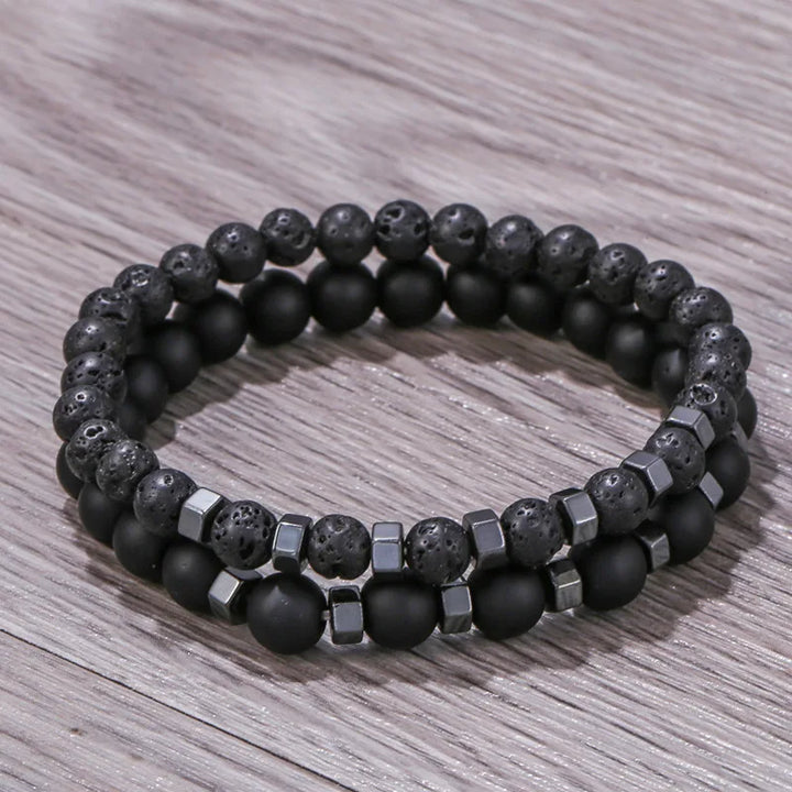 New In Frosted Black Bead Volcanic Stone Men’s Bracelet Set Double Layer Nature Stone Beaded Bracelets Gifts