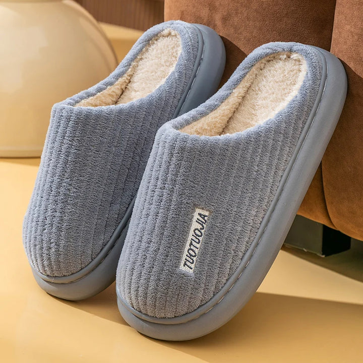 Couple Slippers Indoor Stripe Fluff Memory Foam Fluffy Eva Anti-skid Soft Heel Non Slip Plush Slippers Women's Winter Houseshoes