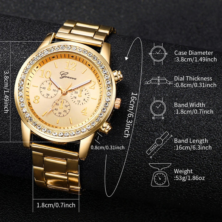 Fashion Women Stainless Steel  Gold Color Quartz Watch & Diamond Bracelet