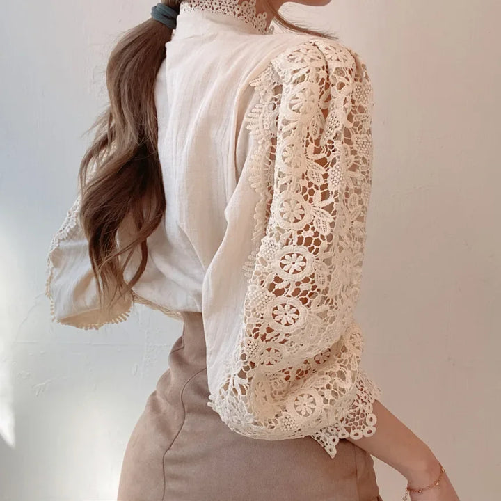 Hollow Out Lace Long Sleeve Blouse