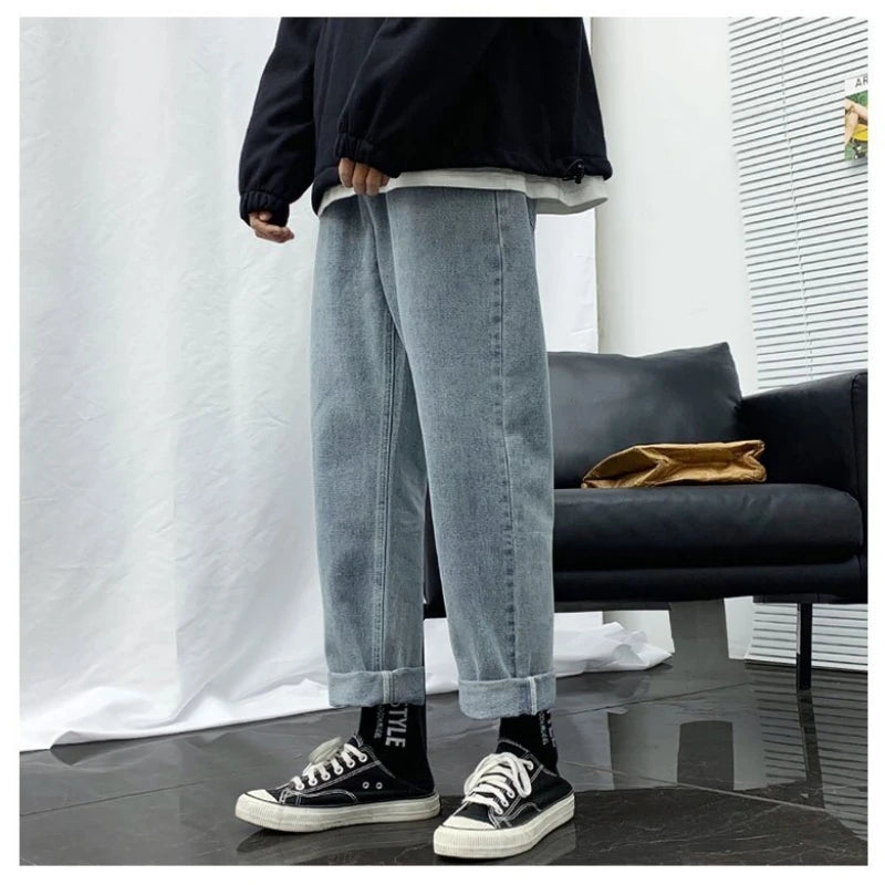 Plus Size S-3XL Men Wide Leg Jogger Jeans Spring Summer Autumn Fashion Casual Elastic Drawstring Waist Loose Denim Harem Pants