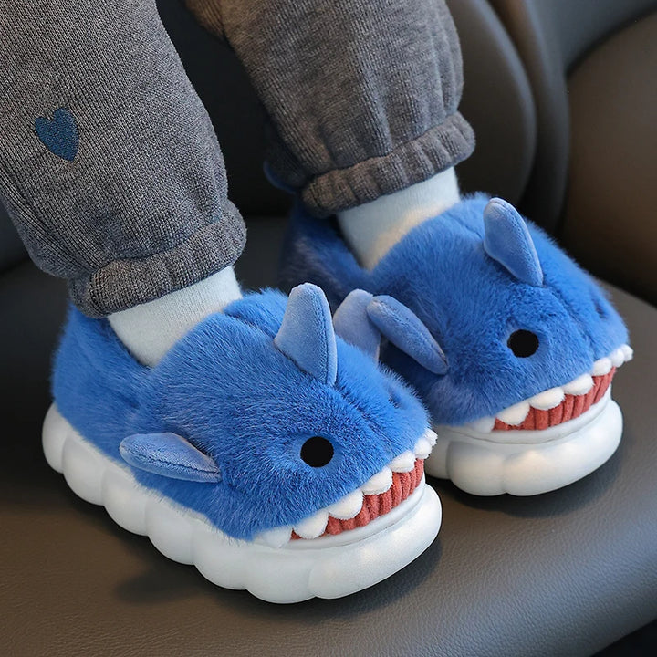 Winter Heel Wrap Cotton Slippers Children's Cute Cartoon Shark Non-slip Soft Sole Kids Boys Girls Junior Warm Plush Home Shoes