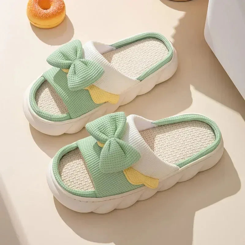 Linen Slippers Women Indoor Slippers Comzy Anti-Slip House Cotton Shoes Cute Bowknot Flat Slipper Couples Slides Spring Summer