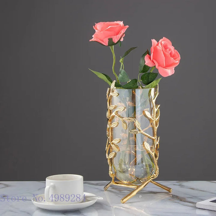 Glass Metal Vase with Gold Frame – Elegant Hydroponic Decor