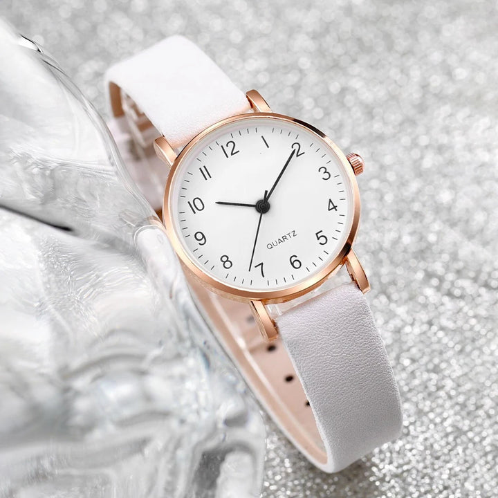 Women Leather Watch & Pearl Bracelet Set